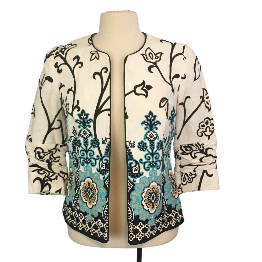 Coldwater Creek White Black Blue Floral Open Front Cardigan Blazer, Jacket sz 4